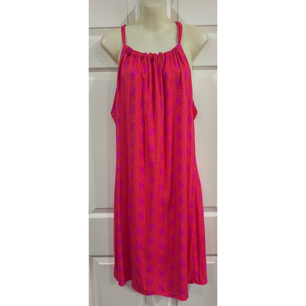 Escapada Pink Orange Geometric Wave Print Halter‎ Tie Back Midi Dress Small